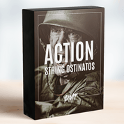 Box of the 'Action String Ostinatos' from PMT, featuring an image of a soldier in action on the cover, including intense and energetic string ostinatos for action-packed and cinematic music compositions by Production Music Tools.