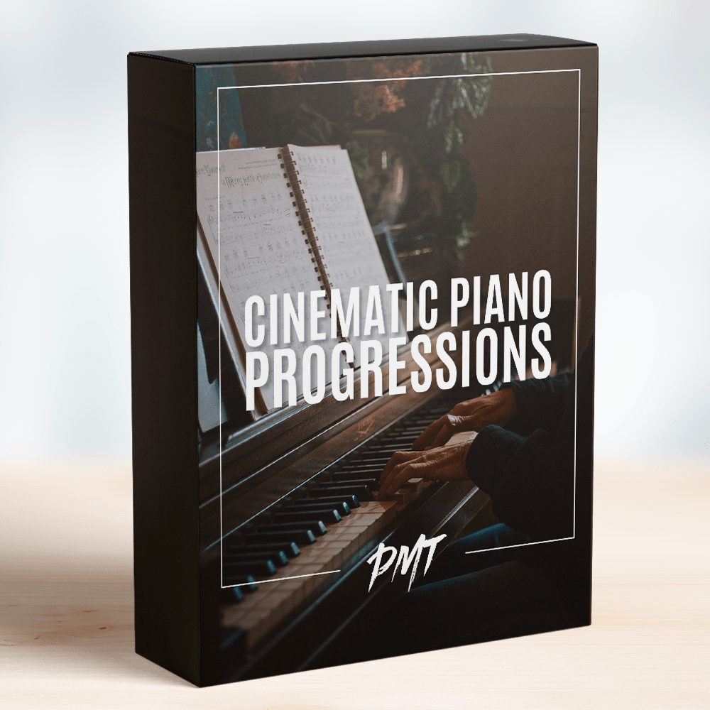 Box of the 'Cinematic Piano Progressions' from PMT, featuring an image of hands playing a piano with sheet music in the background on the cover, including expressive and dramatic piano progressions for cinematic and emotional music compositions by Production Music Tools.