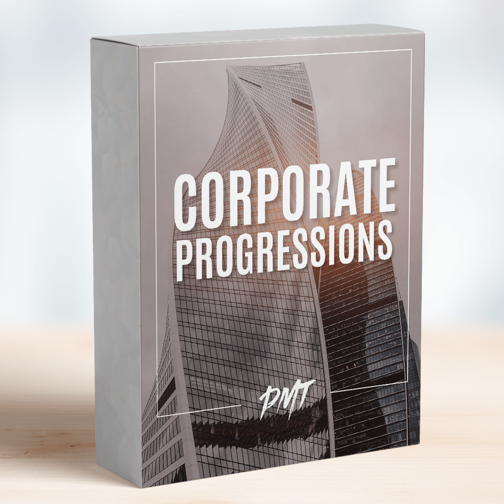 Box of the 'Corporate Progressions' from PMT, featuring an image of modern skyscrapers on the cover, including professional and uplifting chord progressions ideal for corporate presentations and videos by Production Music Tools.