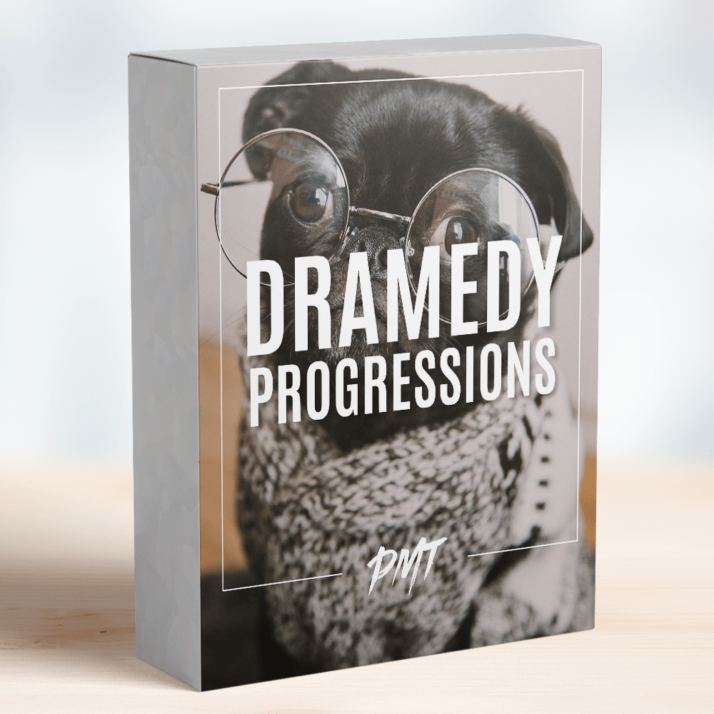 Box of the 'Dramedy Progressions' from PMT, featuring an image of a pug wearing glasses and a sweater on the cover, including playful and humorous chord progressions for dramedy and lighthearted music compositions by Production Music Tools.