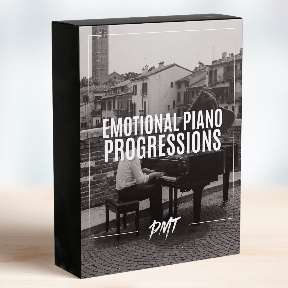 Box of the 'Emotional Piano Progressions' from PMT, featuring an image of a person playing a grand piano outdoors in a historic town on the cover, including deeply moving and expressive piano progressions for emotional and cinematic music compositions by Production Music Tools.