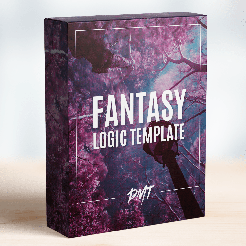 Fantasy Logic Template by Production Music Tools (PMT), featuring a magical forest scene in vibrant purple and blue hues. This template is ideal for creating fantasy-themed music in Logic Pro, offering high-quality presets and tools for professional music production.