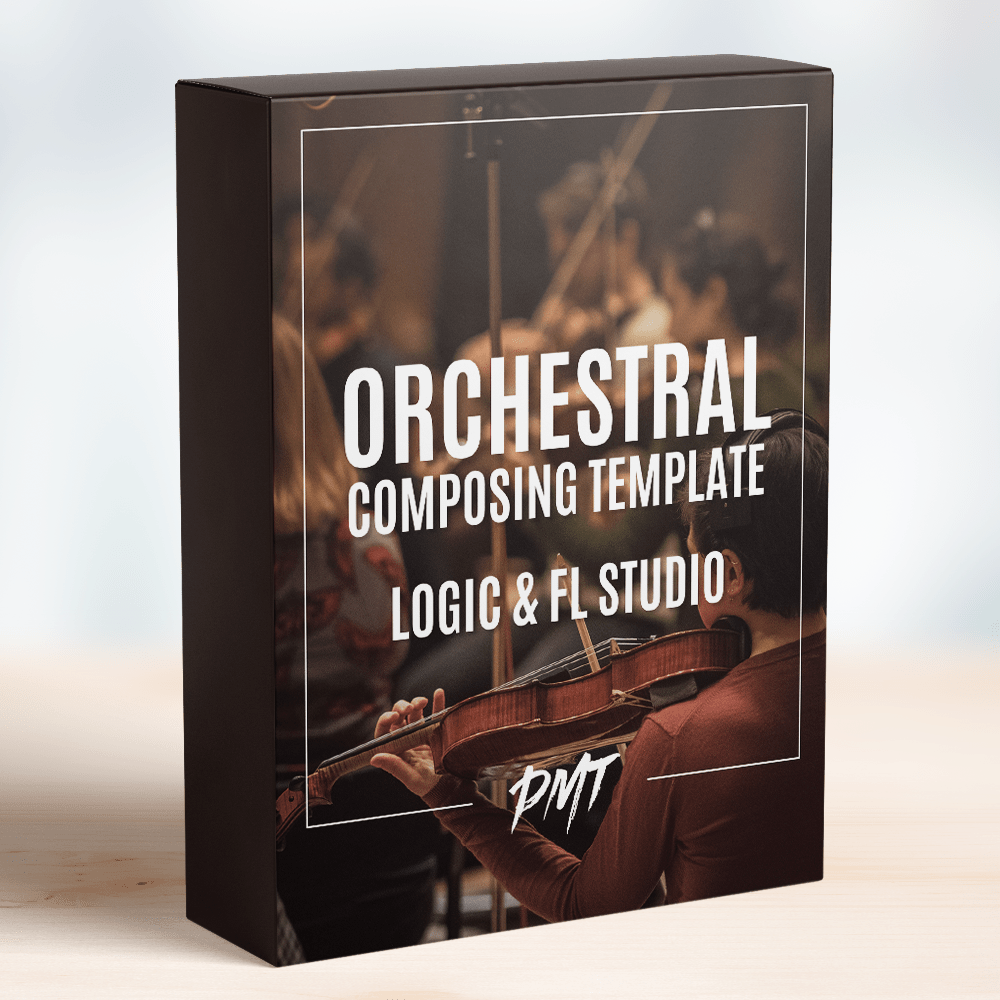 Box of the 'Orchestral Composing Template' from PMT, featuring an image of musicians playing string instruments in an orchestra on the cover, including templates for composing orchestral music using Logic and FL Studio by Production Music Tools.