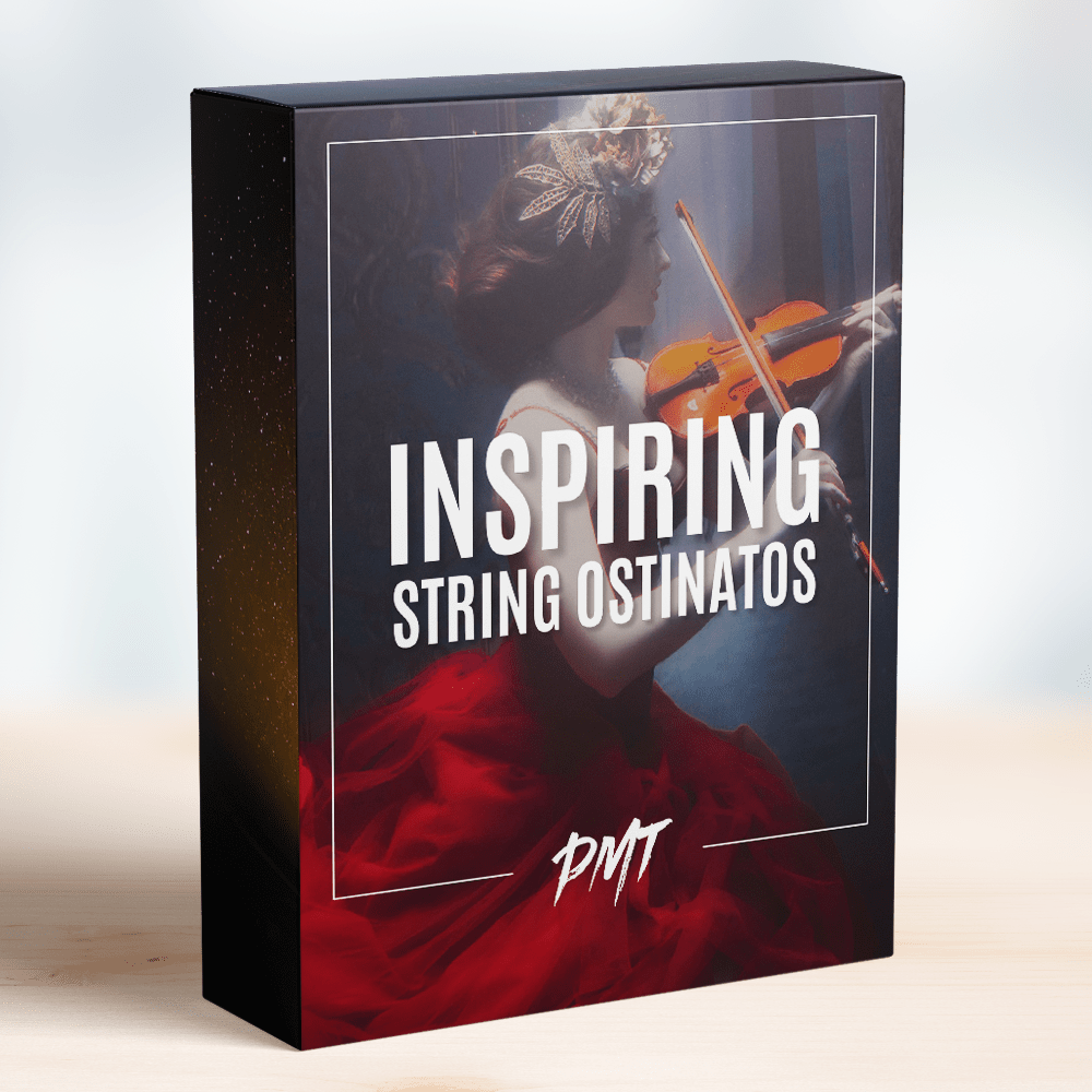 Box of the 'Inspiring String Ostinatos' from PMT, featuring an image of a woman playing a violin on the cover, including uplifting and motivational string ostinatos for cinematic and orchestral compositions by Production Music Tools