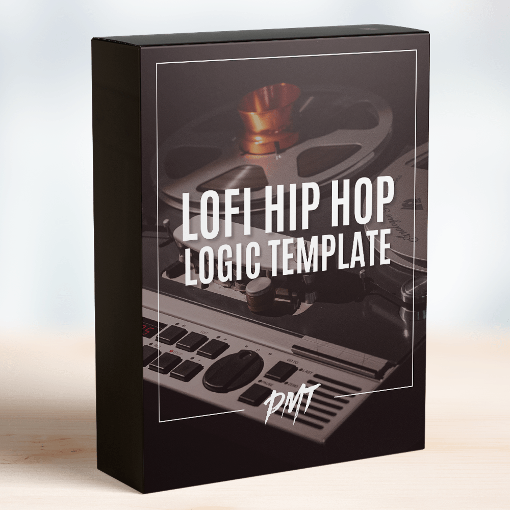 Box of the 'Lofi Hip Hop Logic Template' from PMT, featuring an image of a reel-to-reel tape recorder on the cover, including nostalgic and mellow templates for lofi hip hop music compositions by Production Music Tools.