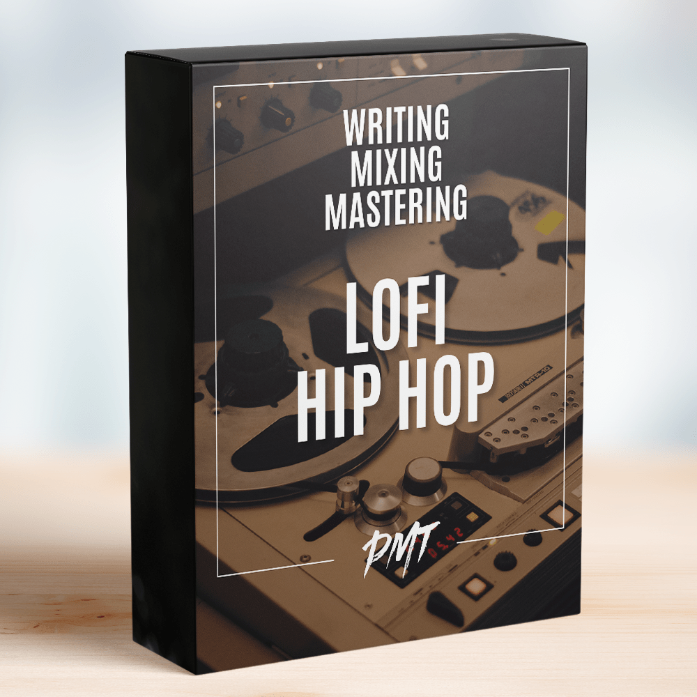 Box of the 'Lofi Hip Hop' course from PMT, featuring an image of a reel-to-reel tape recorder on the cover, including comprehensive modules on writing, mixing, and mastering lofi hip hop music by Production Music Tools