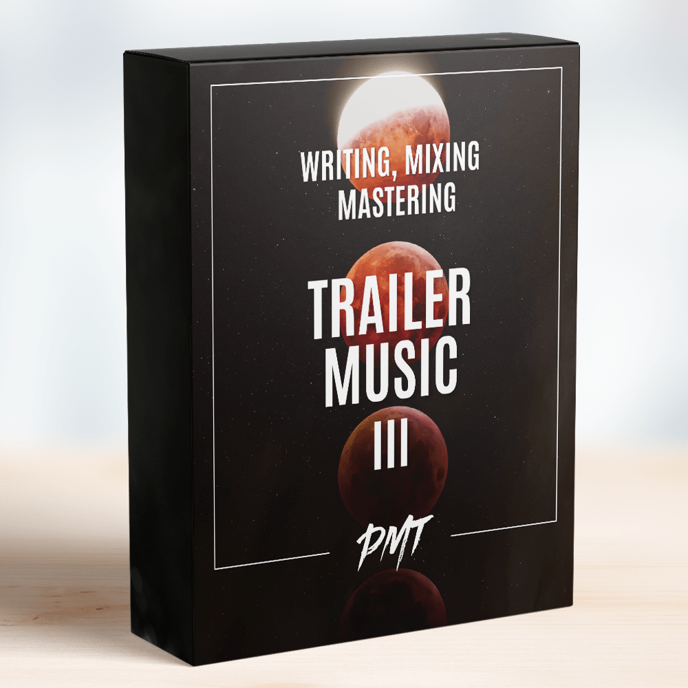 Box of the 'Trailer Music III' course from PMT, featuring text 'Writing, Mixing, Mastering' with an image of three planets aligned vertically on the coverBox of the 'Trailer Music III' course from PMT, featuring an image of three planets aligned vertically on the cover, including comprehensive modules on writing, mixing, and mastering trailer music by Production Music Tools.