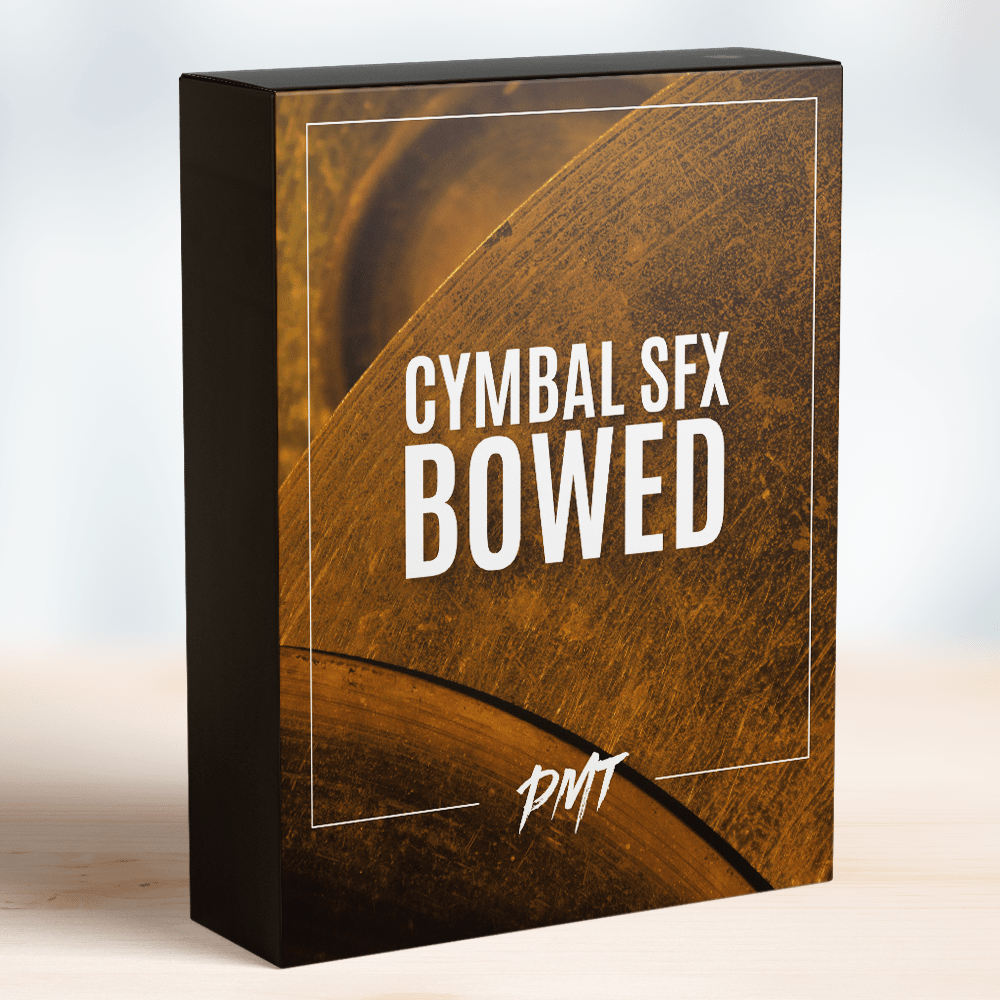 Box of the 'Cymbal SFX Bowed' from PMT, featuring a close-up image of a cymbal on the cover, including a collection of bowed cymbal sound effects for adding unique textures to your music by Production Music Tools