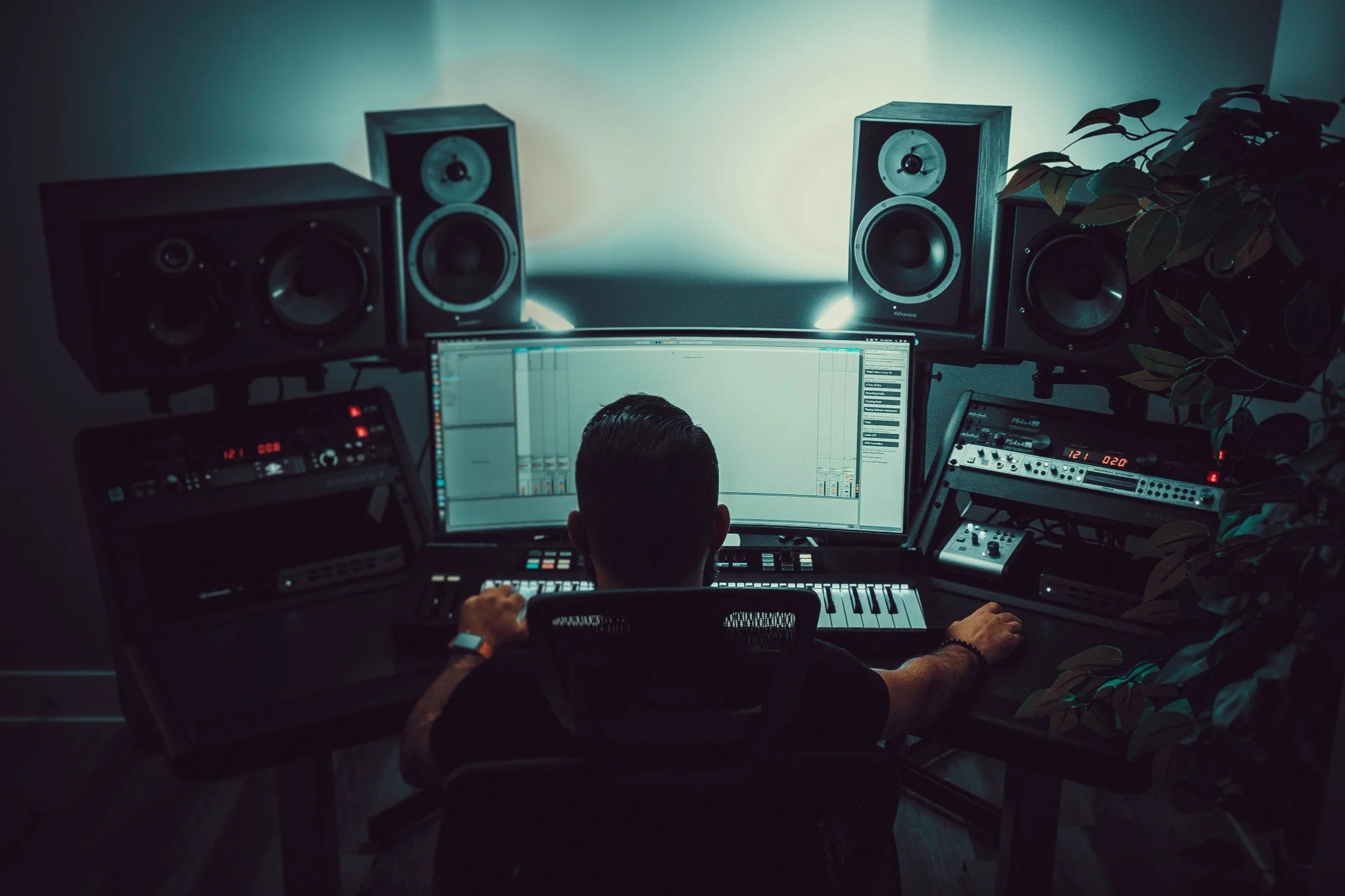  Image of a music producer in a studio setup at Production Music Tools (PMT). Keywords: PMT, Production Music Tools, studio setup, music production.