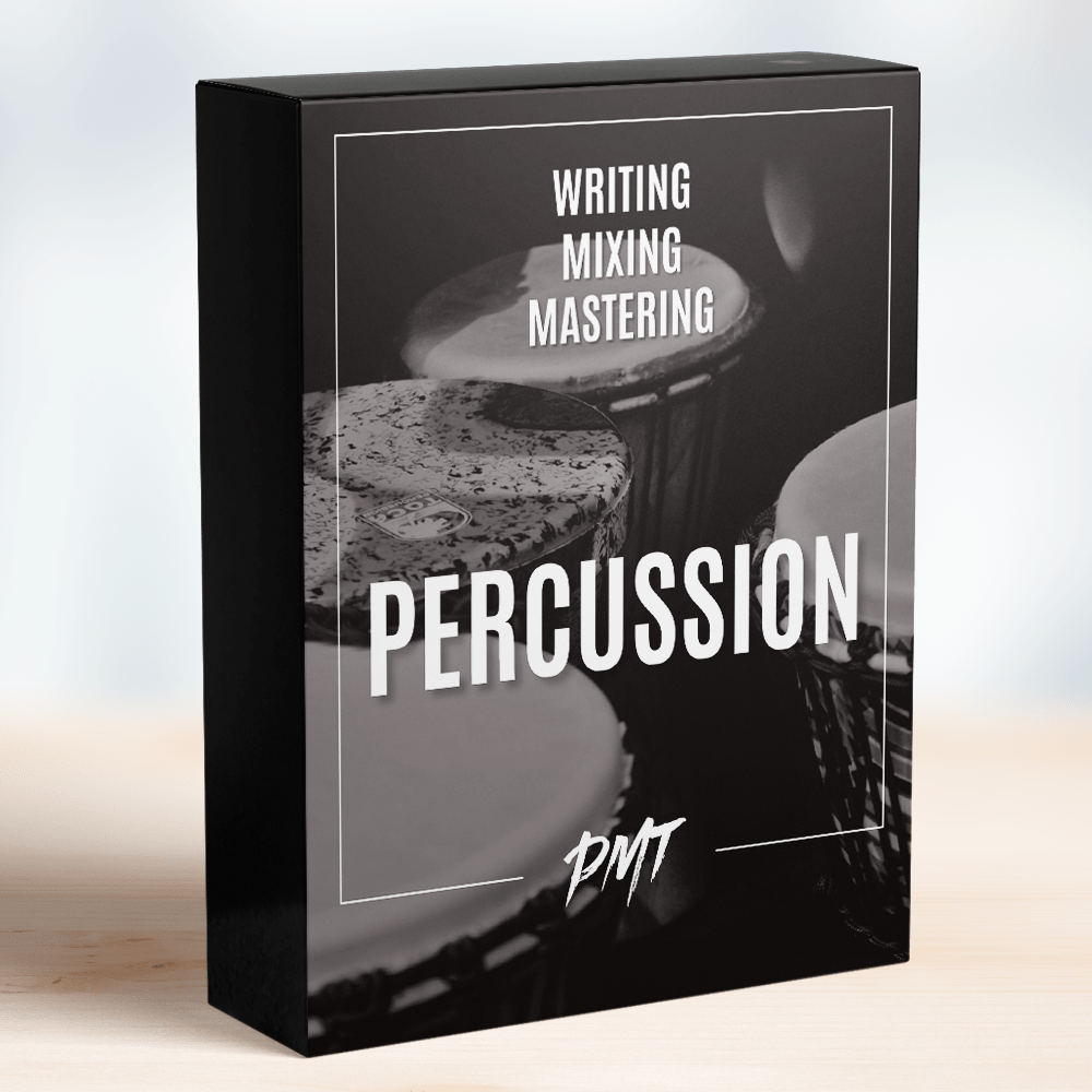 Box of the 'Percussion' course from PMT, featuring a black and white image of various percussion instruments on the cover, including comprehensive modules on writing, mixing, and mastering percussion music by Production Music Tools.