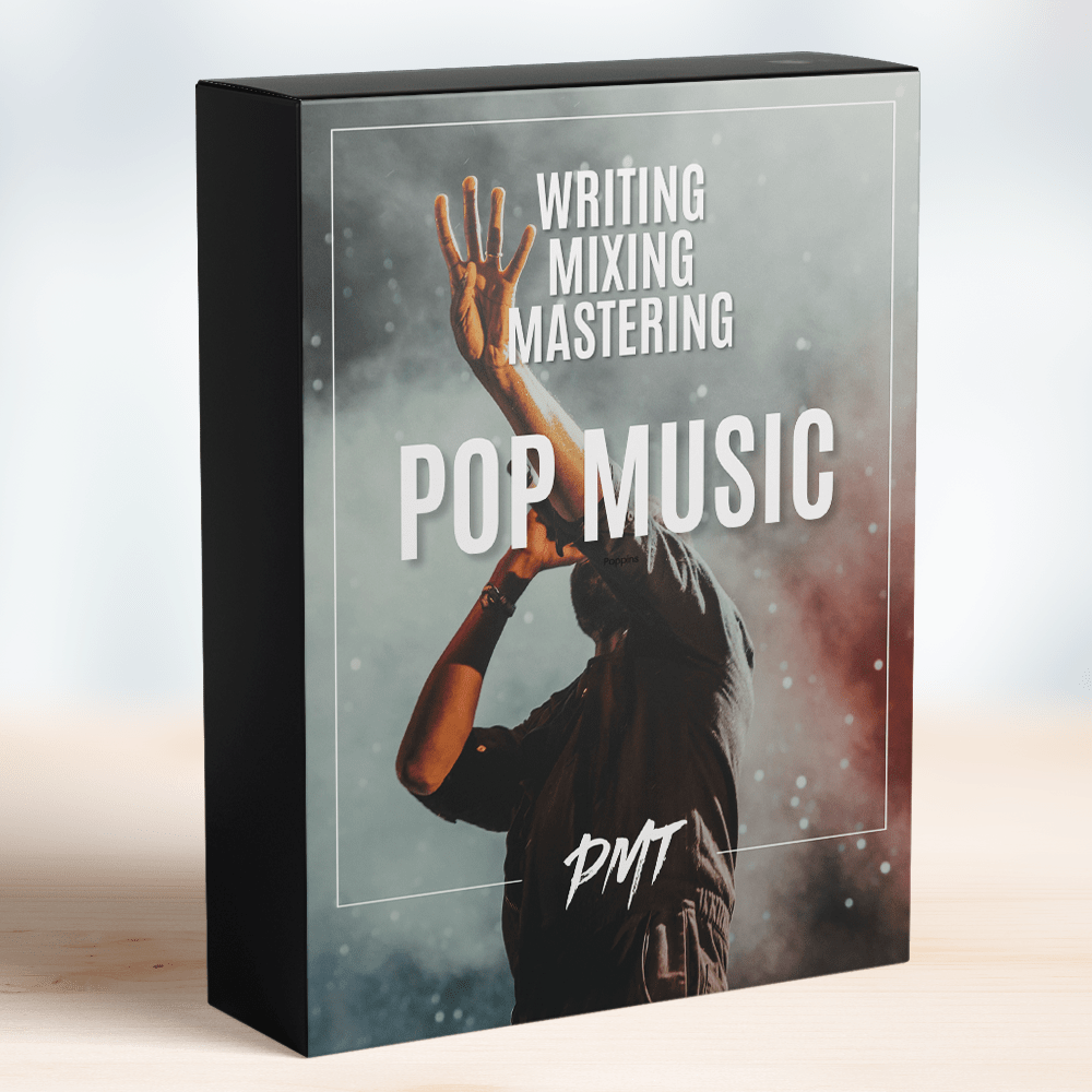 Box of the 'Pop Music' course from PMT, featuring an image of a performer with their hand raised on the cover, including comprehensive modules on writing, mixing, and mastering pop music by Production Music Tools.