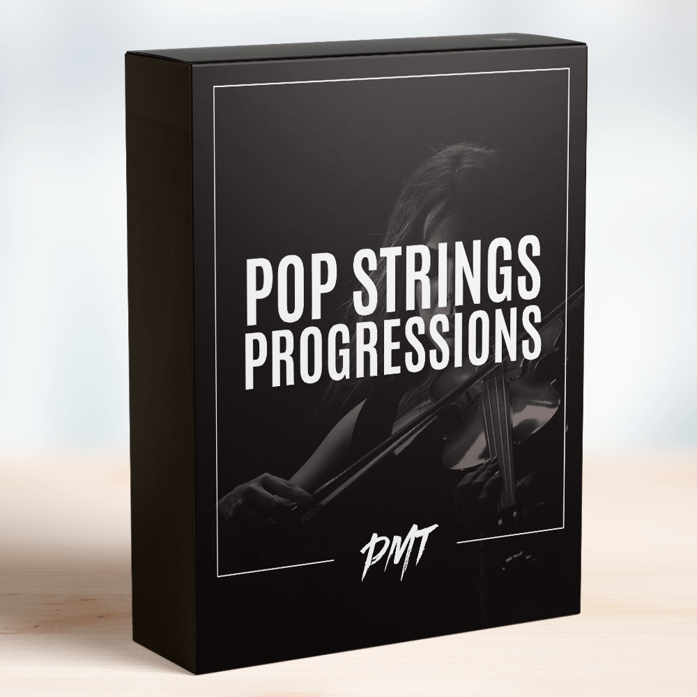 Box of the 'Pop Strings Progressions' from PMT, featuring a black and white image of a person playing a violin on the cover, including catchy and melodic string progressions for pop music compositions by Production Music Tools.