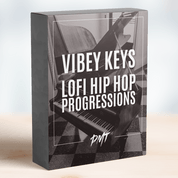 Box of the 'Vibey Keys Lofi Hip Hop Progressions' from PMT, featuring an image of a grand piano in a black and white setting on the cover, including soulful and nostalgic piano progressions for lofi hip hop tracks by Production Music Tools.