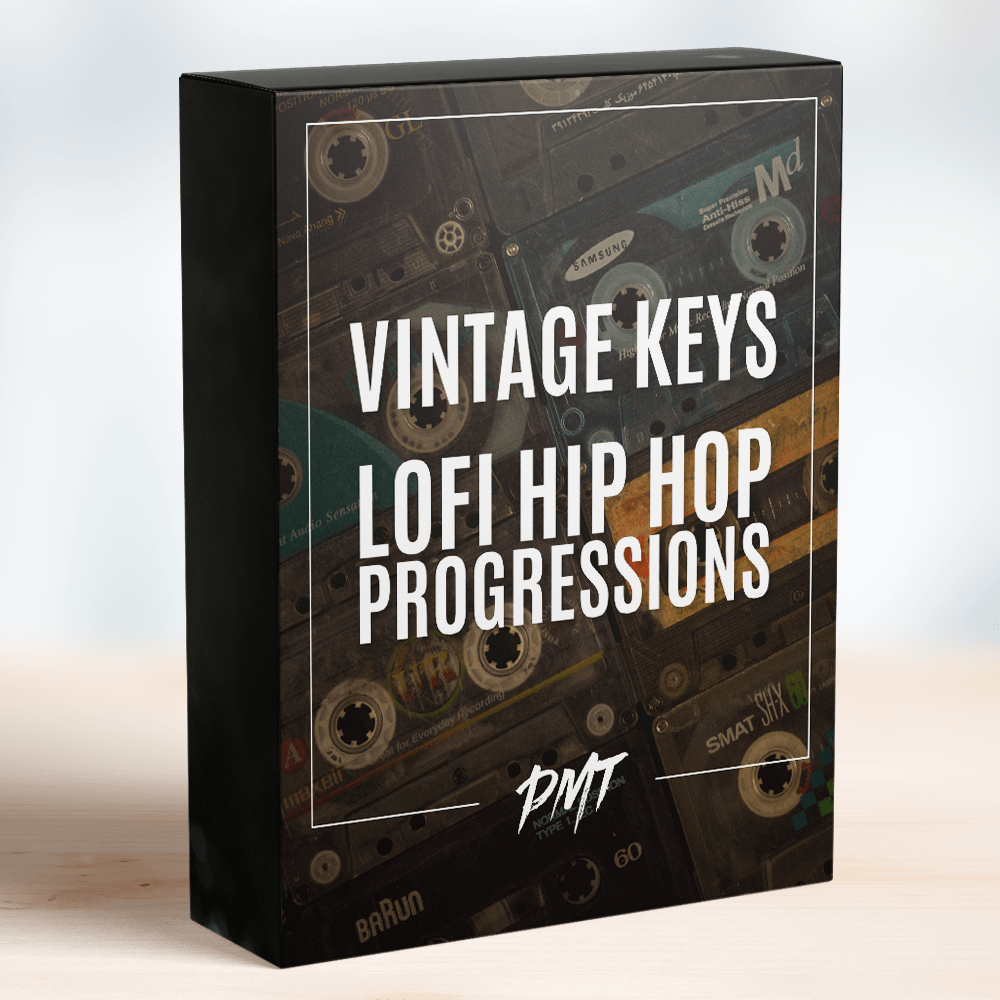 Box of the 'Vintage Keys Lofi Hip Hop Progressions' from PMT, featuring an image of vintage cassette tapes on the cover, including jazz-inspired piano progressions for lofi hip hop tracks by Production Music Tools